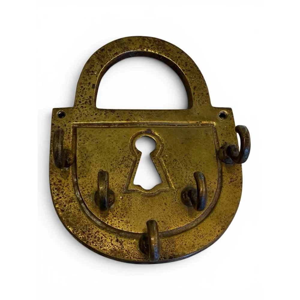 Vintage Brass Padlock Shaped Wall Mounted Key Rack 5 Hook Entryway Organizer